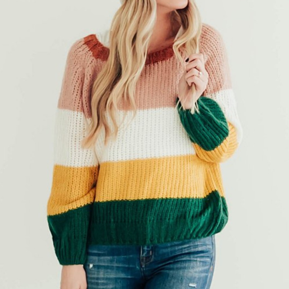 Pink, Yellow, Green Colorblock Crewneck Sweater